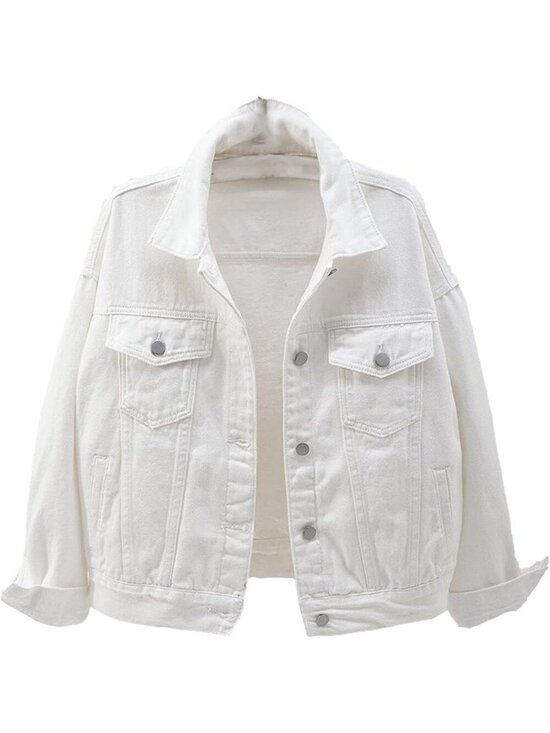 Jackets & Blazers - Women's White Denim Button Closed Long Sleeve Solid Color Jacket With Pockets